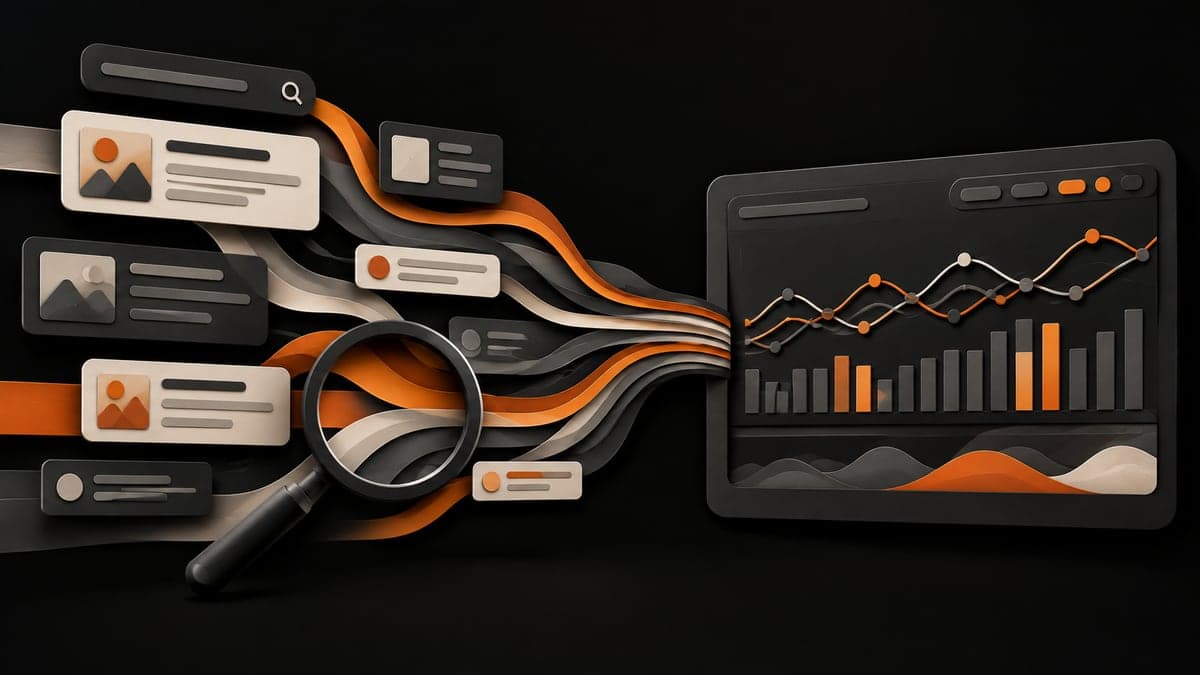 Orange and charcoal search-result pathways converge on an illustrated analytics dashboard, with a magnifying glass highlighting overlapping sources.