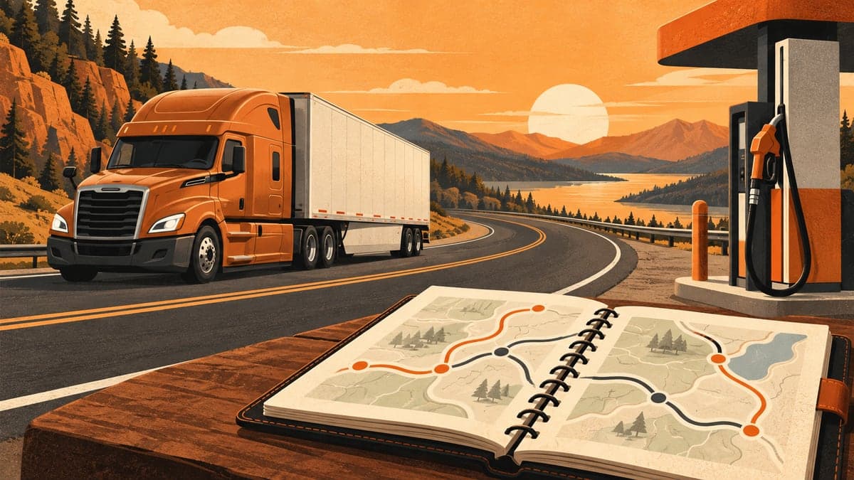 An orange semi-truck follows a curving mountain road beside a fuel pump and an open notebook illustrated with route lines.