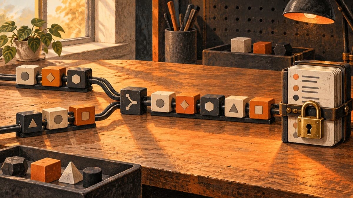 Orange, cream and charcoal blocks connect into a single sequence on a workbench beside a ledger secured with a brass padlock.