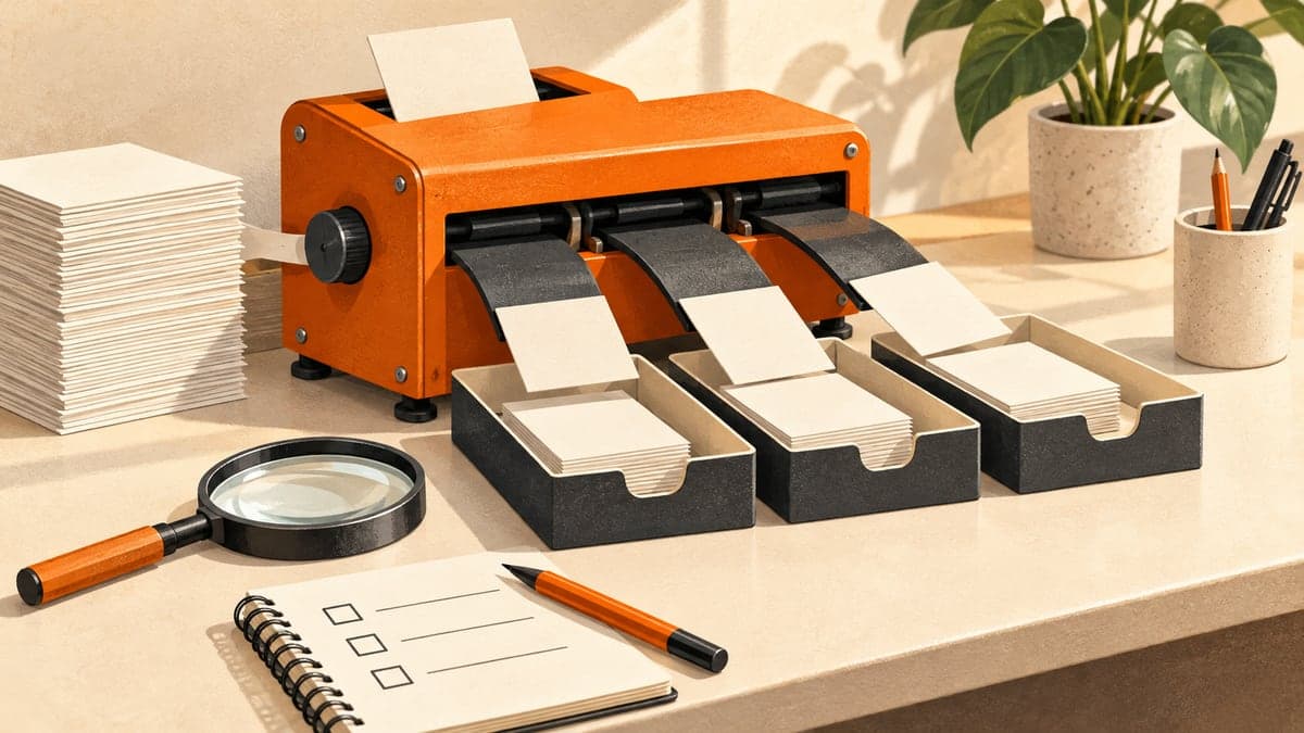 An orange sorting machine directs blank paper cards into three trays beside a magnifying glass and a checklist notebook.