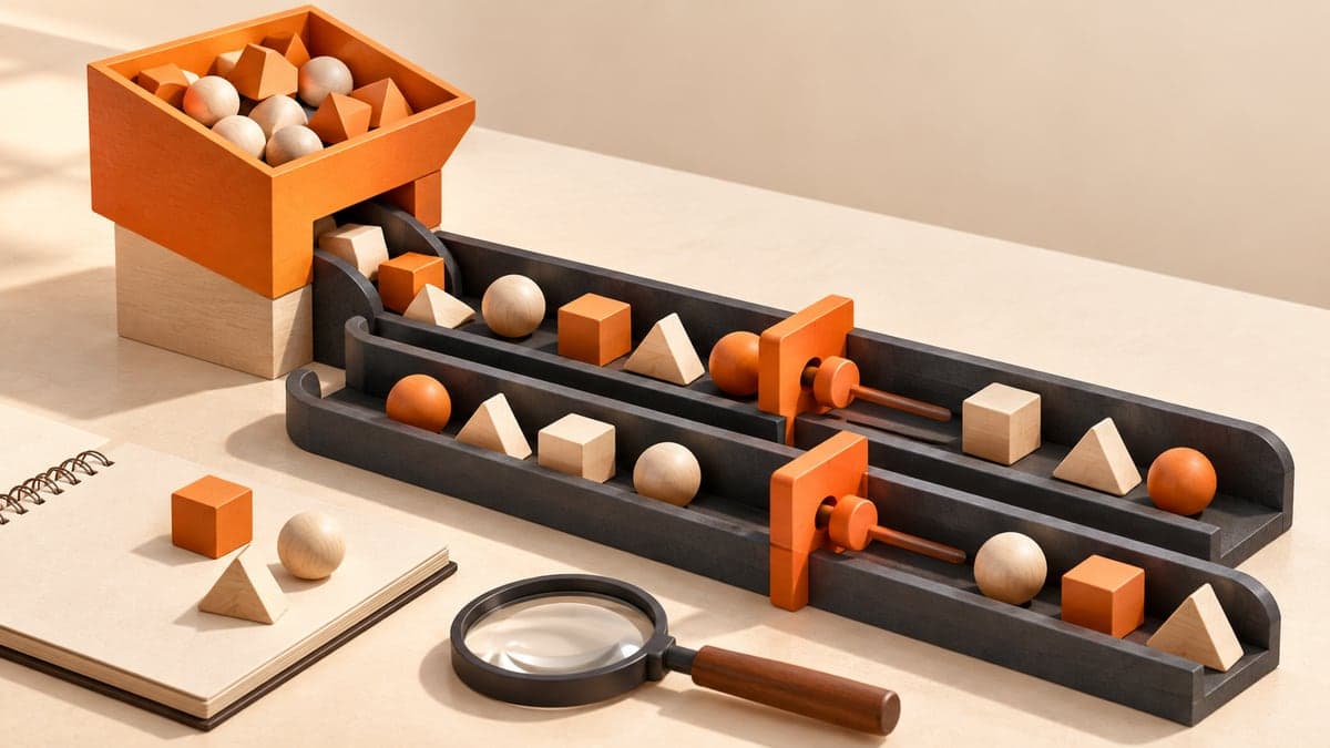 Orange adjustable gates divide wooden shapes between two charcoal channels beside a notebook and magnifying glass.