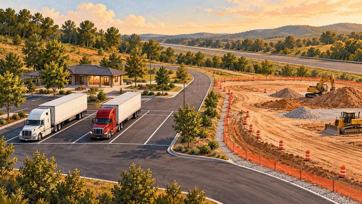 Illustration of two semi-trucks in a rest-area parking lot beside a fenced construction area with earthmoving equipment.