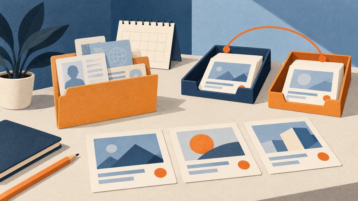 Illustrated advertisement cards lie beside a folder of abstract identity documents, a blank calendar and two document trays joined by an orange arc.