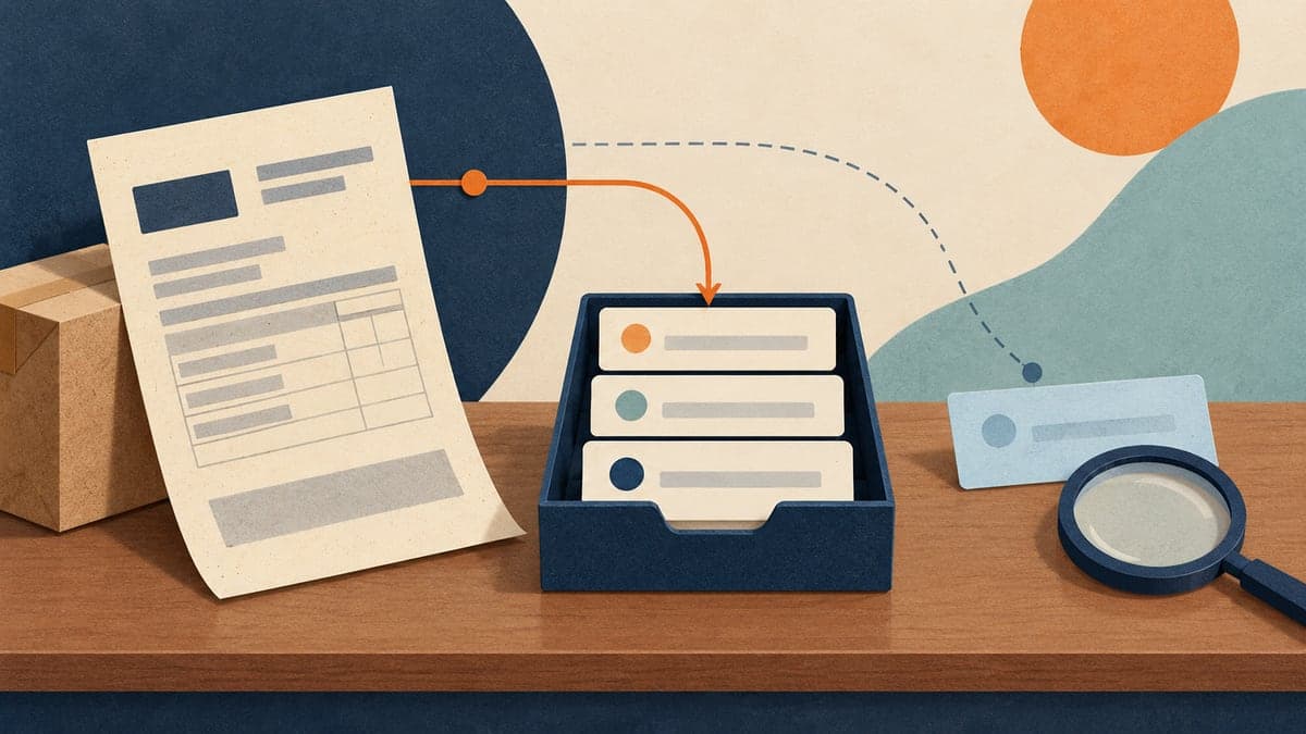 A paper delivery note and parcel sit beside a navy tray holding three field cards; an orange arrow points toward the tray, while a separate blue card and magnifying glass sit to the right.