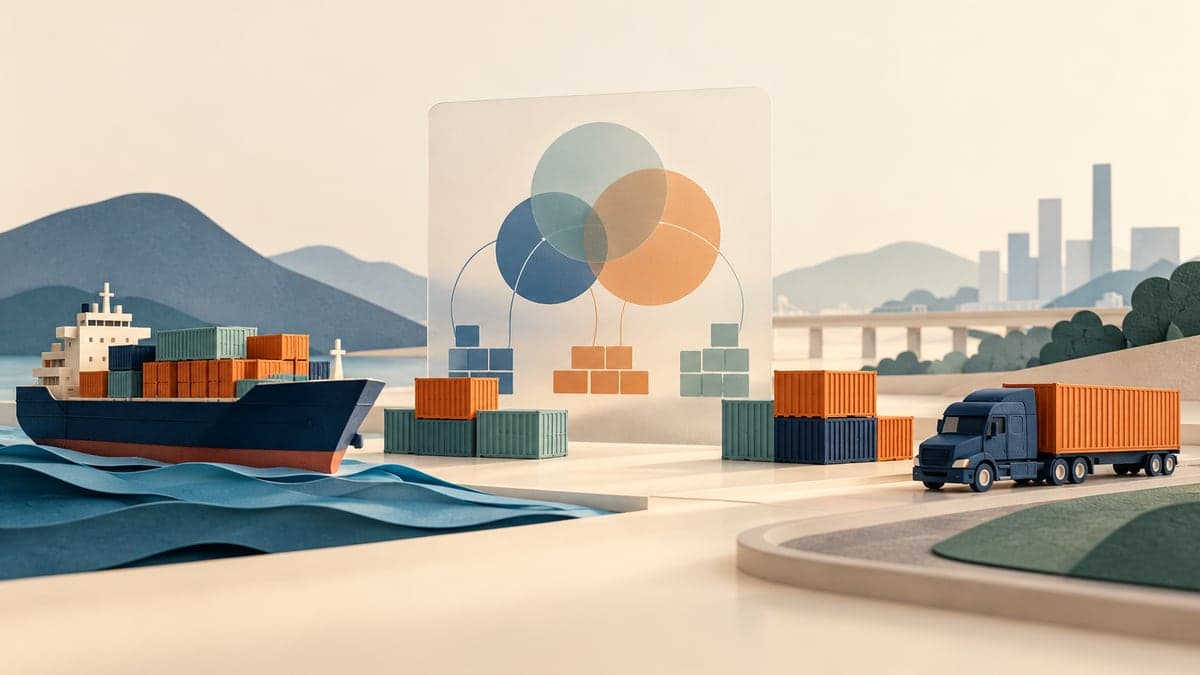 A navy container ship and semi truck flank stacks of orange and teal containers and a translucent panel with overlapping circles and grouped blocks.