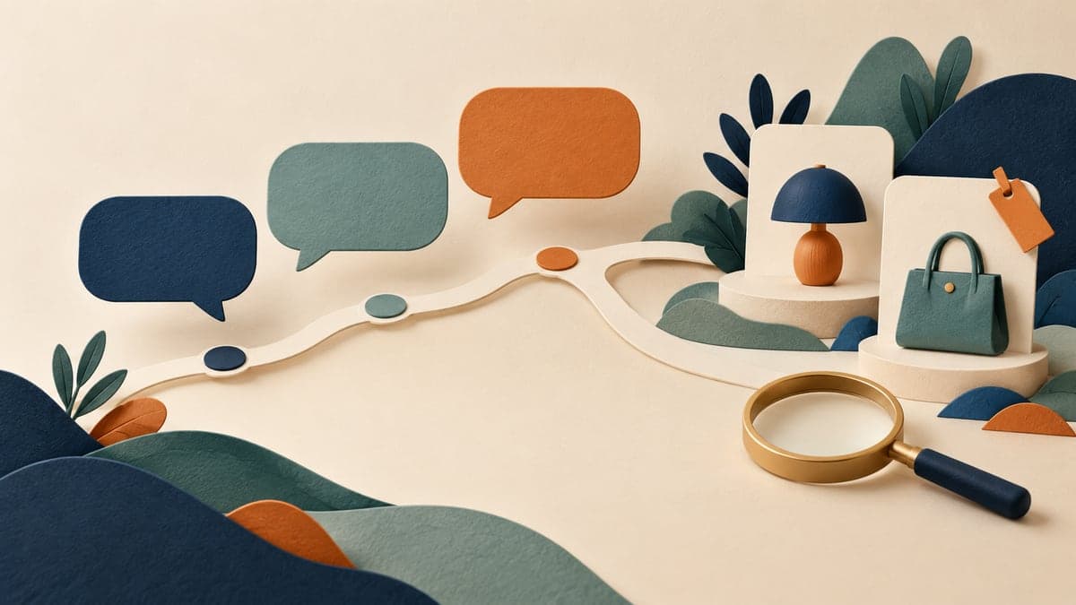 Three blank navy, teal and orange speech bubbles follow a branching path toward lamp and handbag cards beside a magnifying glass.