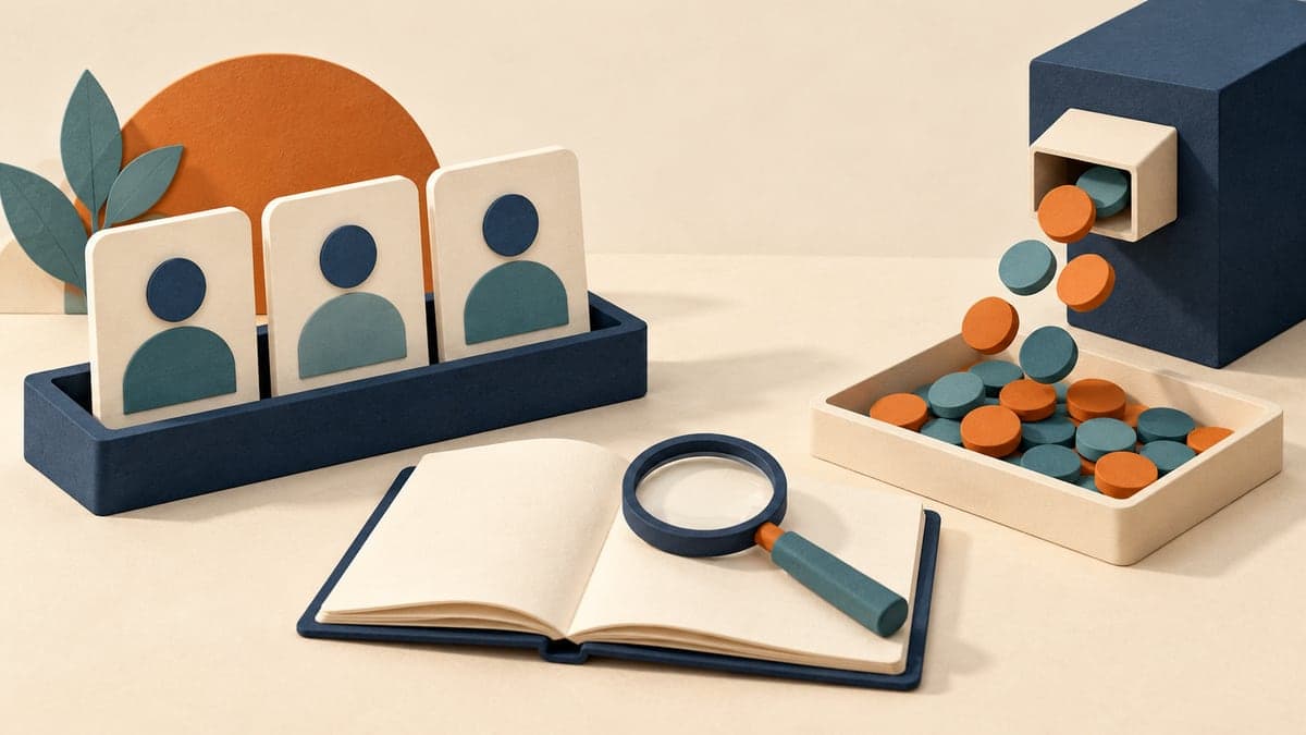 Three illustrated user cards sit in a navy tray beside orange and teal discs falling from a computing block, with an open notebook and magnifying glass in front.