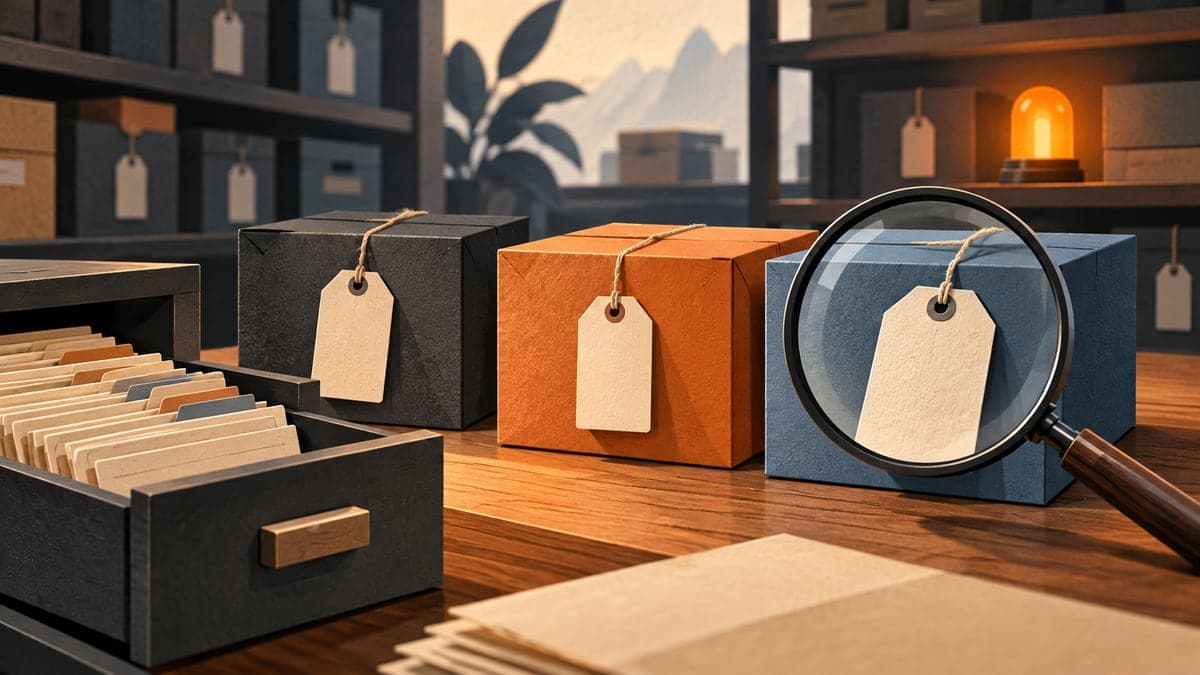 Three tagged package boxes sit beside an open card catalog, with a magnifying glass over one blank tag and an amber light behind them.