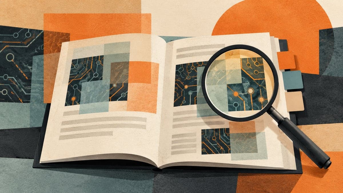 A magnifying glass rests over an open illustrated report with circuit patterns, translucent overlays and colored page tabs.