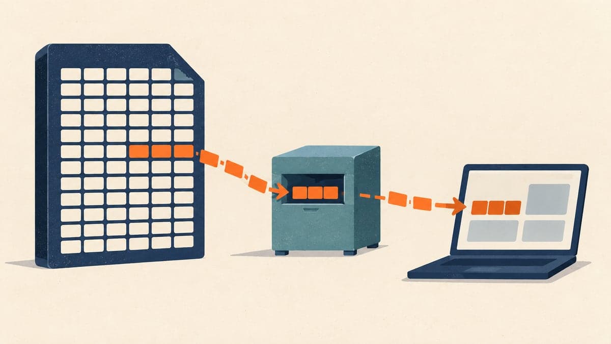 A large tiled file slab sends a small group of orange blocks through a teal cache cabinet toward a laptop displaying abstract blocks.