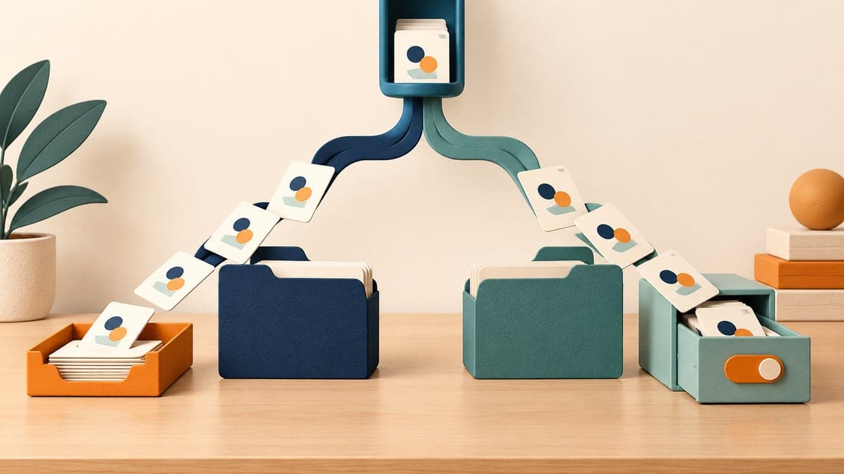 Matching abstract request cards follow two branching tracks past navy and teal folders into an orange tray and a teal archive drawer with an orange toggle.