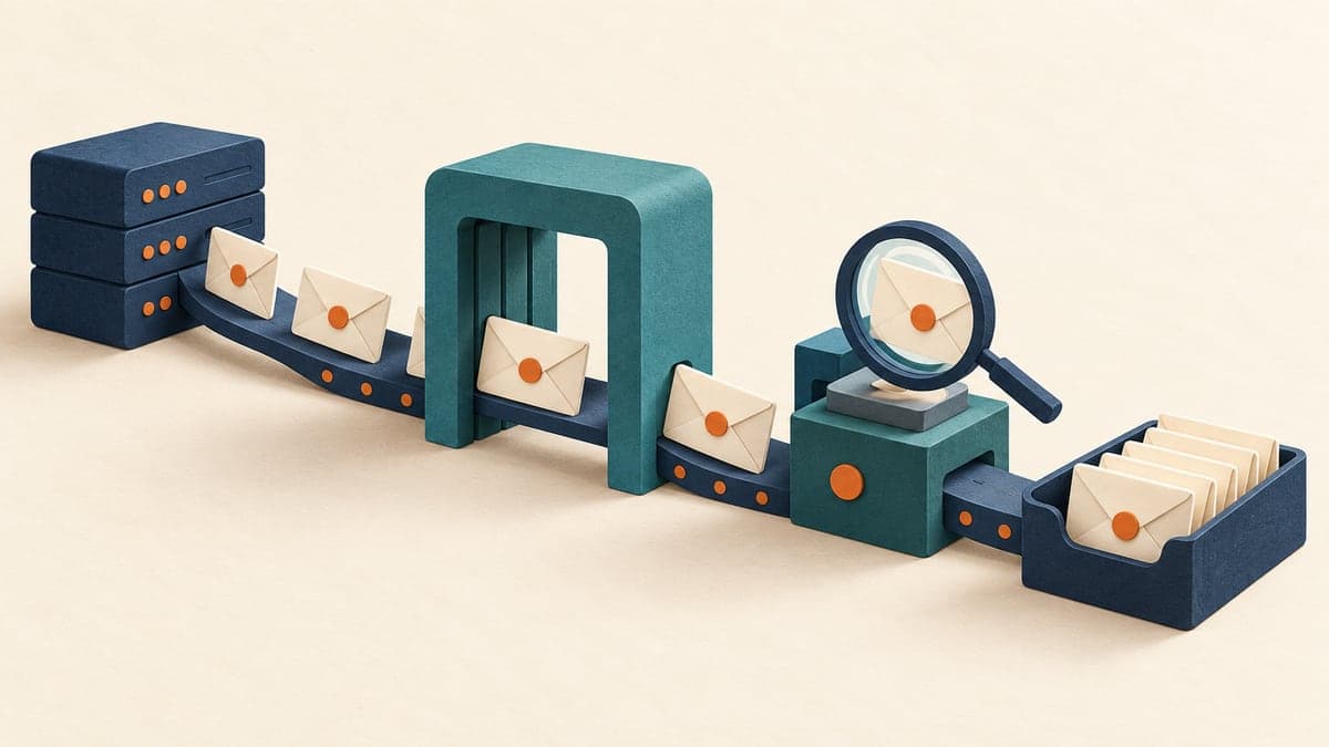 Cream envelopes with orange seals travel from navy server blocks through a teal gateway and magnifying-glass inspection station into an output tray.