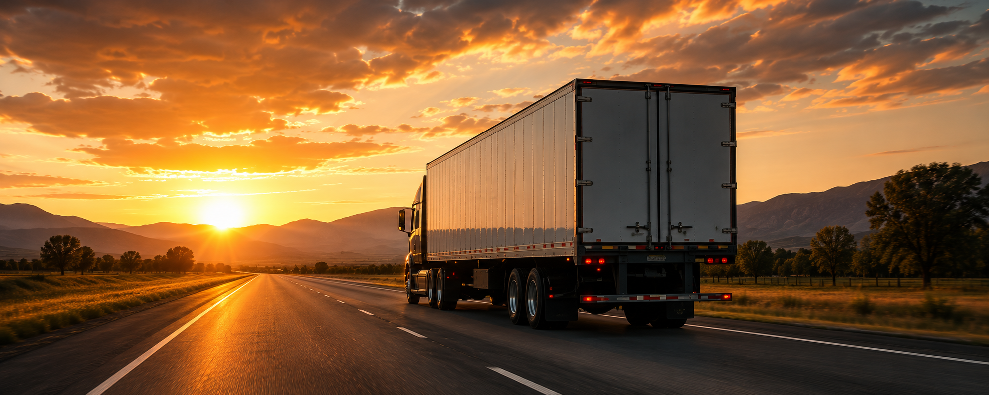 Semi truck cruising down a highway at sunset