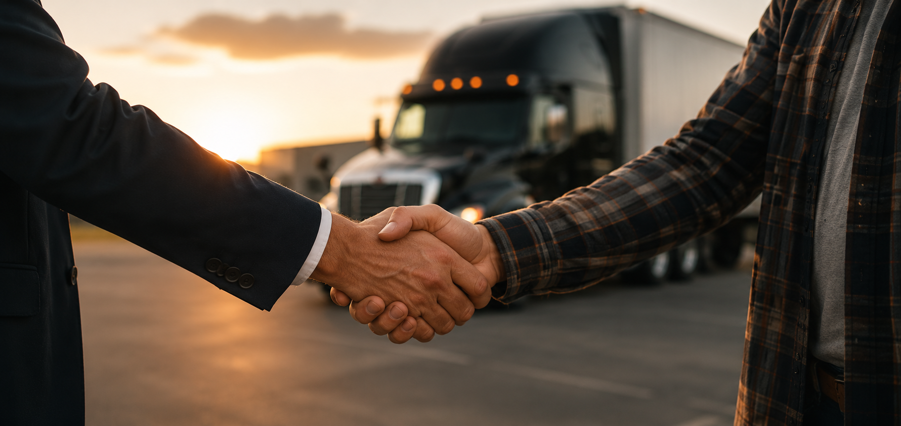 Handshake in front of a truck representing trust and partnership